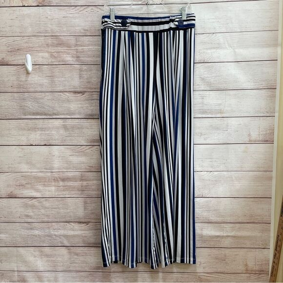 ROBERT LOUIS WIDE LEG PANTS IN BLACK AND BLUE STRIPES - Picture 1 of 6